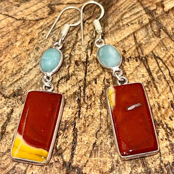 Mookaite & Caribbean Larimar Earrings 2 1/2” - Picture 7 of 10